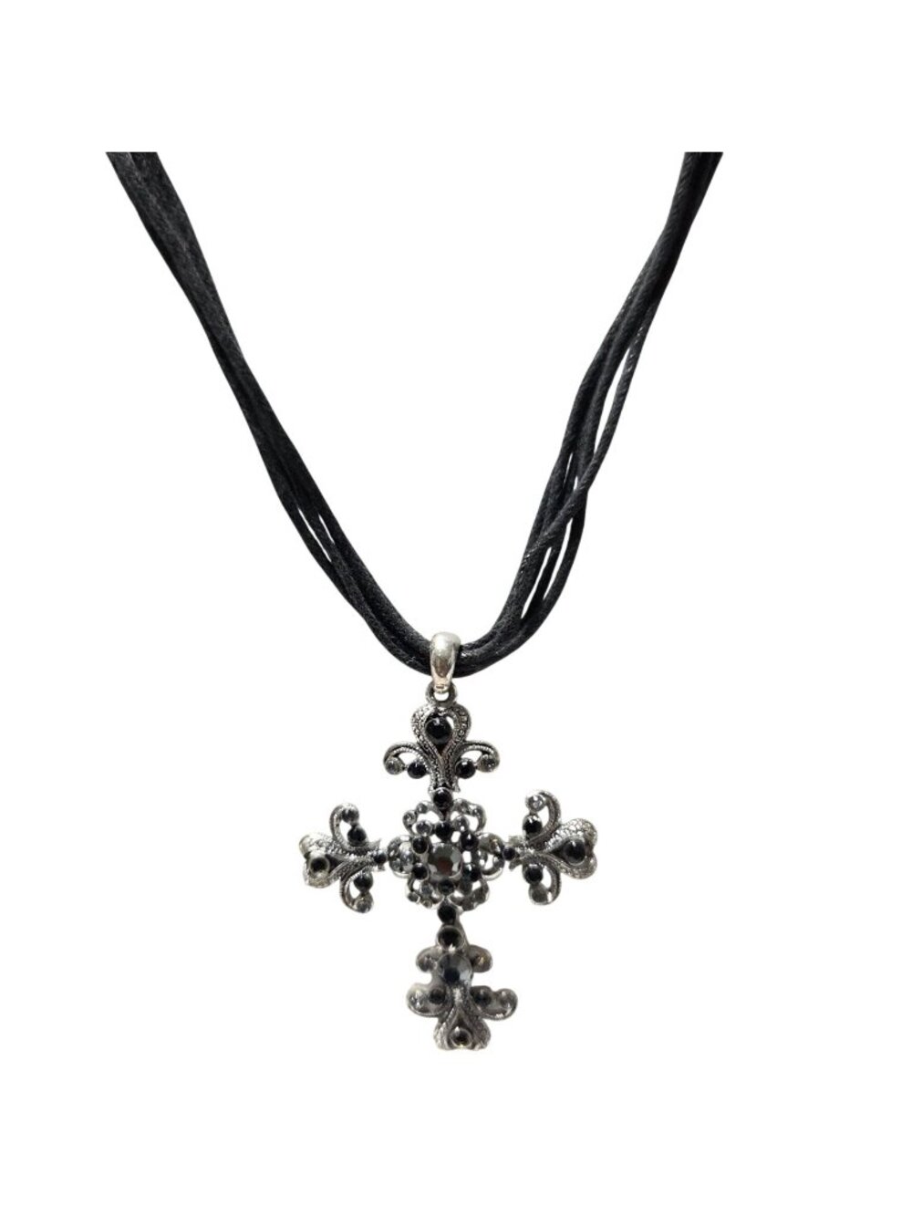 Gothic Ornate Fleur-de-Lis Cross Pendant Necklace Black Rhinestone Religious